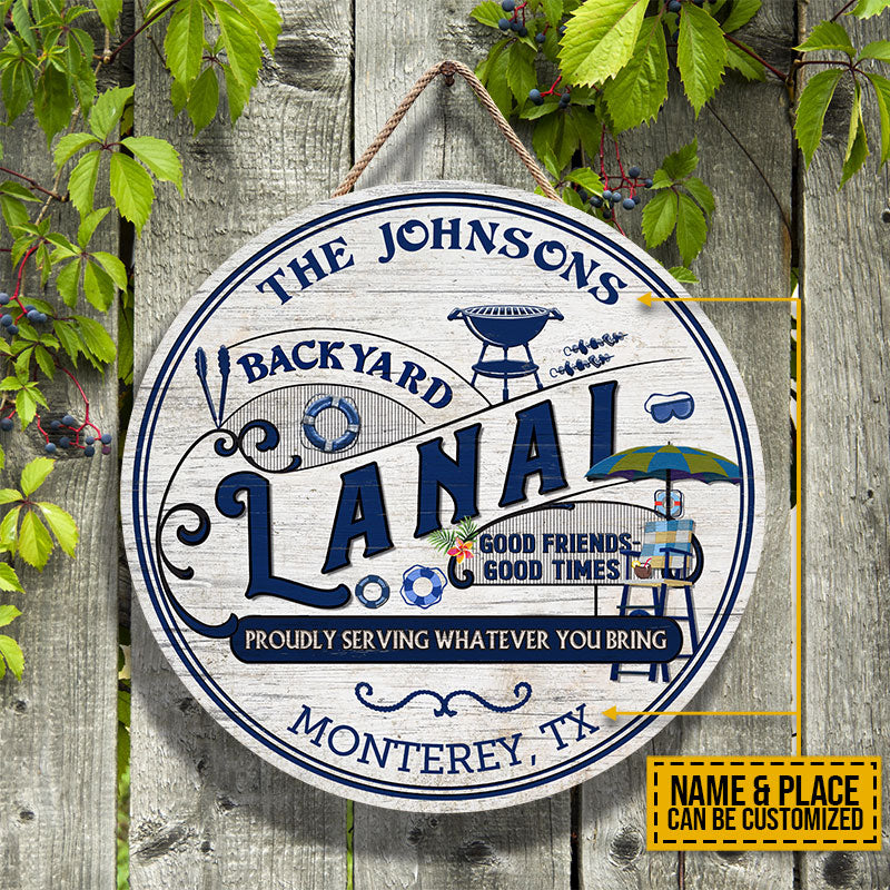 Personalized Lanai Hot Tub Grilling Proudly Serving Custom Wood Circle Sign