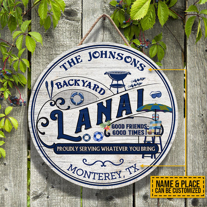 Personalized Lanai Hot Tub Grilling Proudly Serving Custom Wood Circle Sign