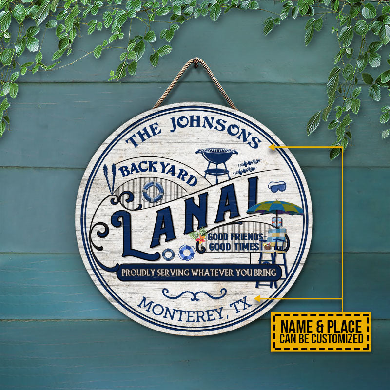 Personalized Lanai Hot Tub Grilling Proudly Serving Custom Wood Circle Sign