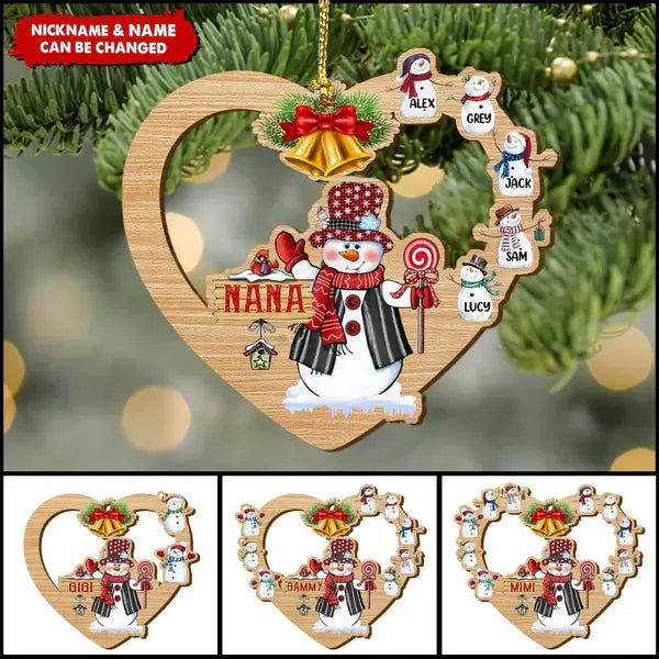 Personalized Nickname Nana With Snowman Kids Heart-Shaped Ornament ornament The Next Custom Gift