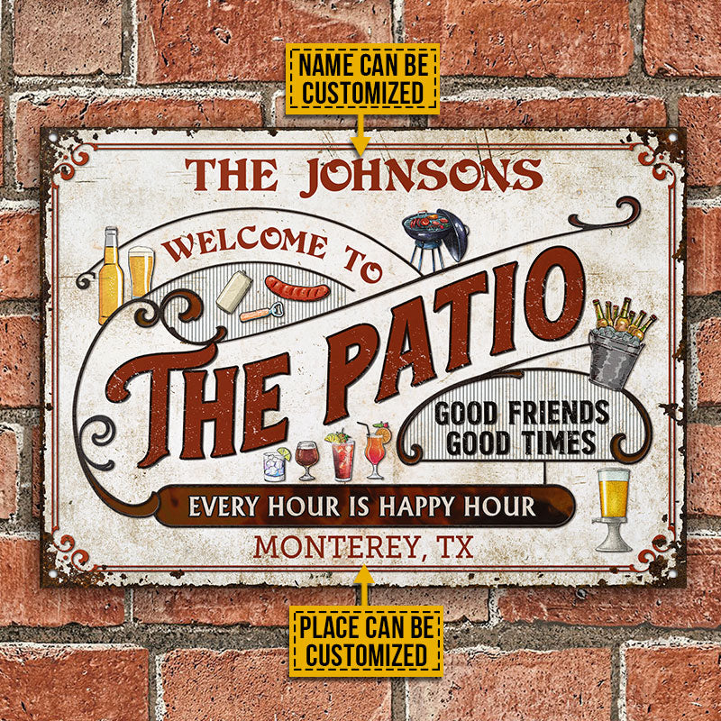 Personalized Patio Grilling Red Happy Hour Custom Classic Metal Signs