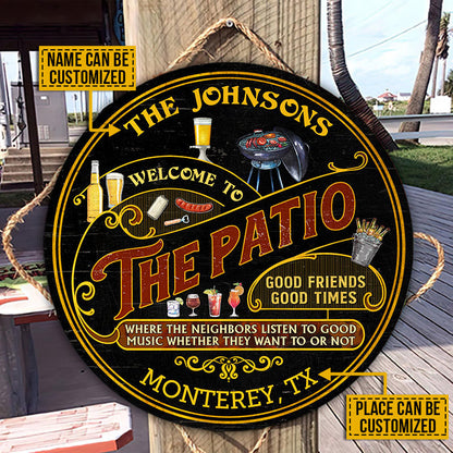 Personalized Patio Grilling Red Listen To The Good Music Black Custom Wood Circle Sign