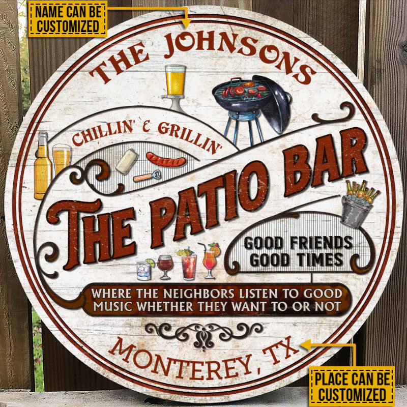 Personalized Patio Grilling Red Listen To The Good Music Chillin Custom Wood Circle Sign