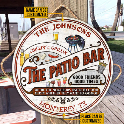 Personalized Patio Grilling Red Listen To The Good Music Chillin Custom Wood Circle Sign