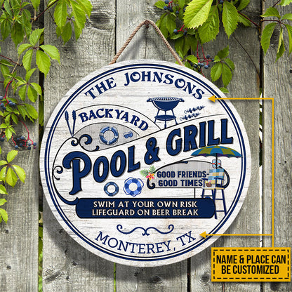 Personalized Pool Grilling Backyard At Your Own Risk Custom Wood Circle Sign