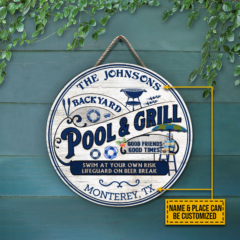 Personalized Pool Grilling Backyard At Your Own Risk Custom Wood Circle Sign