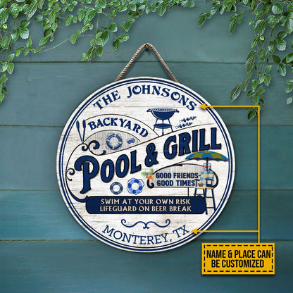 Personalized Pool Grilling Backyard At Your Own Risk Custom Wood Circle Sign