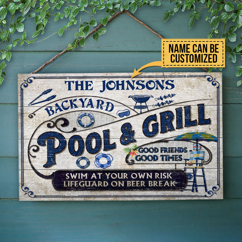 Personalized Pool Grilling Backyard At Your Own Risk Custom Wood Rectangle Sign