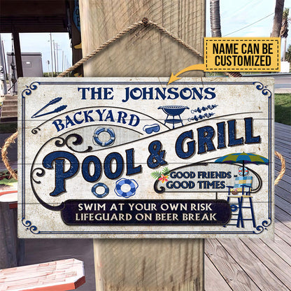 Personalized Pool Grilling Backyard At Your Own Risk Custom Wood Rectangle Sign