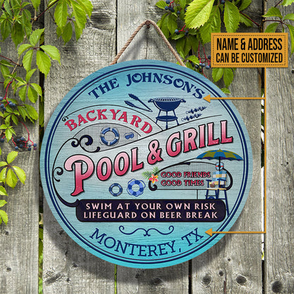 Personalized Pool Grilling Backyard At Your Own Risk Pink Blue Custom Wood Circle Sign