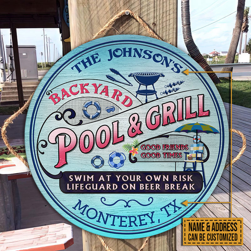 Personalized Pool Grilling Backyard At Your Own Risk Pink Blue Custom Wood Circle Sign