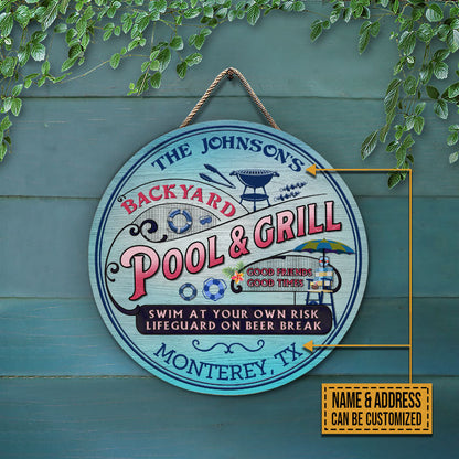 Personalized Pool Grilling Backyard At Your Own Risk Pink Blue Custom Wood Circle Sign