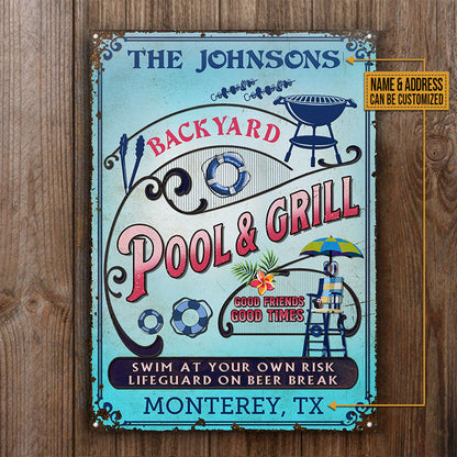 Personalized Pool Grilling Backyard At Your Own Risk Pink Blue Vertical Custom Classic Metal Signs