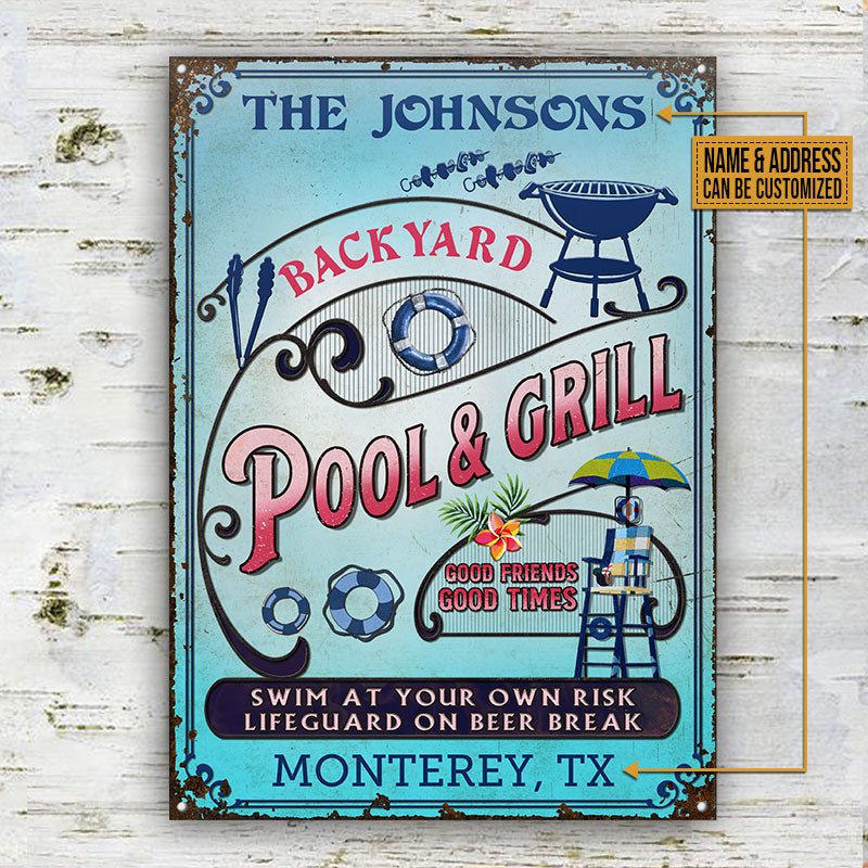 Personalized Pool Grilling Backyard At Your Own Risk Pink Blue Vertical Custom Classic Metal Signs