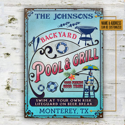 Personalized Pool Grilling Backyard At Your Own Risk Pink Blue Vertical Custom Classic Metal Signs