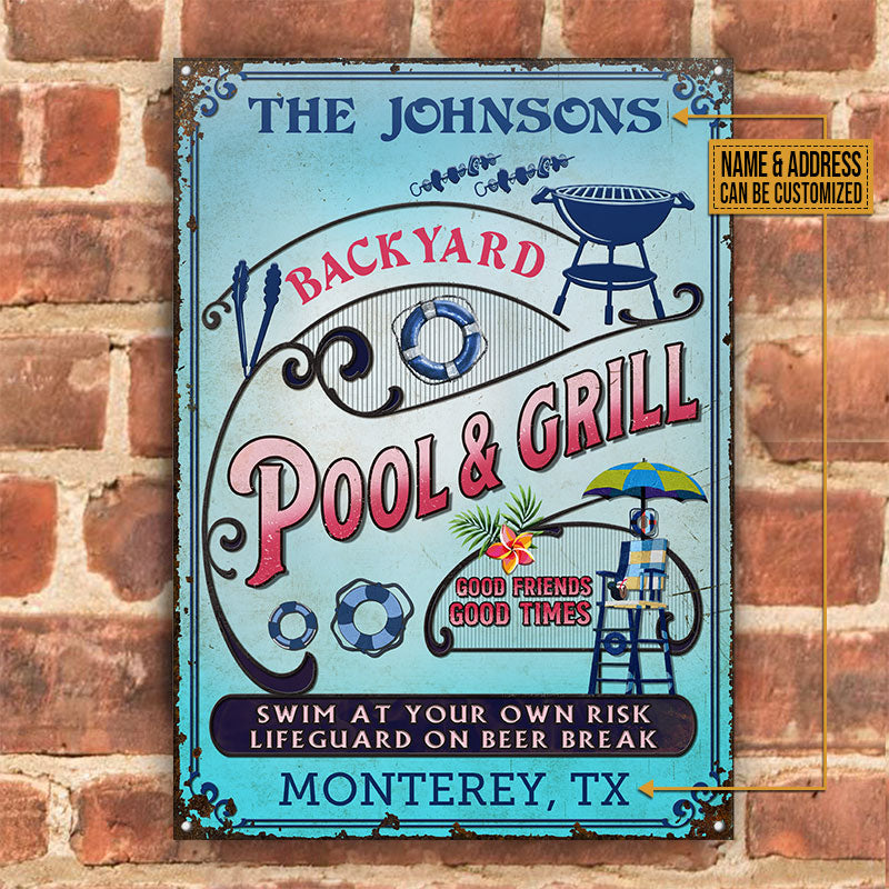 Personalized Pool Grilling Backyard At Your Own Risk Pink Blue Vertical Custom Classic Metal Signs
