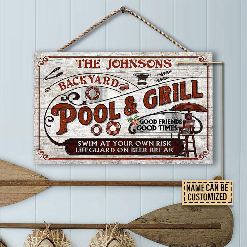 Personalized Pool Grilling Backyard At Your Own Risk Red Custom Wood Rectangle Sign