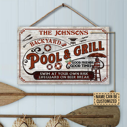Personalized Pool Grilling Backyard At Your Own Risk Red Custom Wood Rectangle Sign