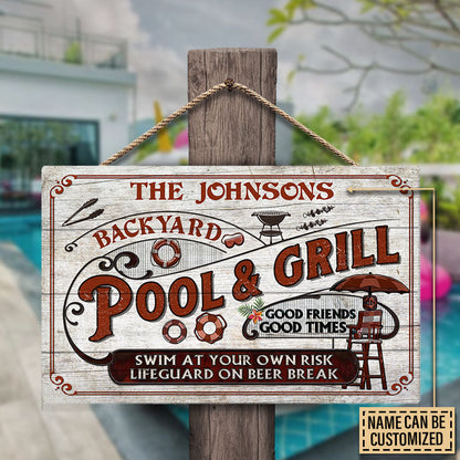 Personalized Pool Grilling Backyard At Your Own Risk Red Custom Wood Rectangle Sign