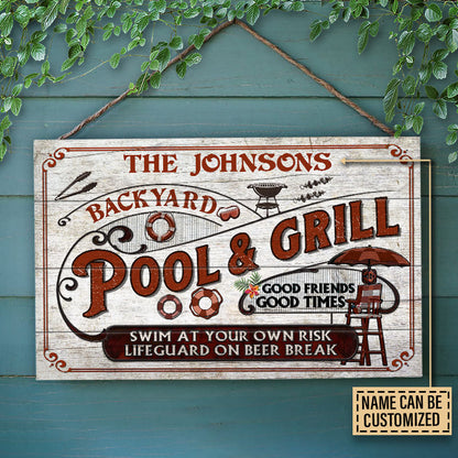 Personalized Pool Grilling Backyard At Your Own Risk Red Custom Wood Rectangle Sign