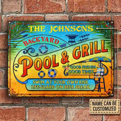 Personalized Pool Grilling Backyard At Your Own Risk Summer Custom Classic Metal Signs