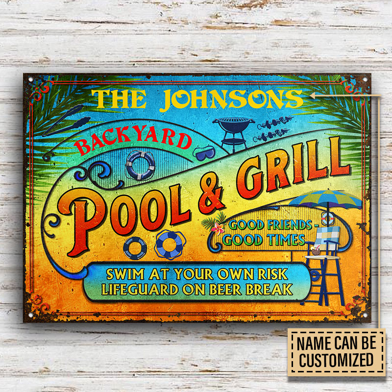 Personalized Pool Grilling Backyard At Your Own Risk Summer Custom Classic Metal Signs