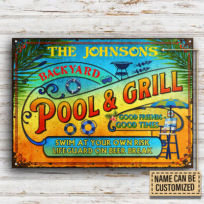 Personalized Pool Grilling Backyard At Your Own Risk Summer Custom Classic Metal Signs