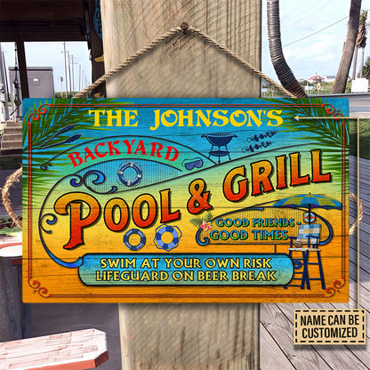Personalized Pool Grilling Backyard At Your Own Risk Summer Custom Wood Rectangle Sign