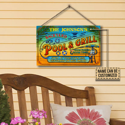 Personalized Pool Grilling Backyard At Your Own Risk Summer Custom Wood Rectangle Sign