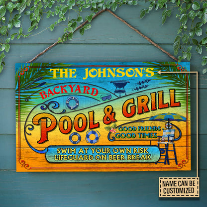 Personalized Pool Grilling Backyard At Your Own Risk Summer Custom Wood Rectangle Sign