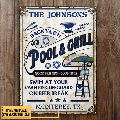 Personalized Pool Grilling Backyard At Your Own Risk Vertical Custom Classic Metal Signs