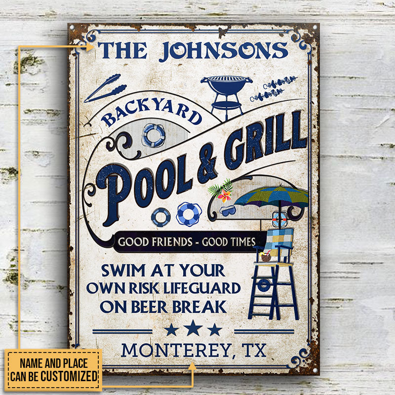 Personalized Pool Grilling Backyard At Your Own Risk Vertical Custom Classic Metal Signs