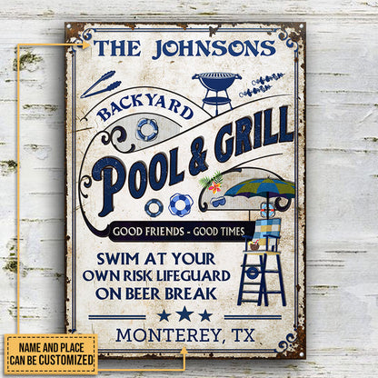 Personalized Pool Grilling Backyard At Your Own Risk Vertical Custom Classic Metal Signs