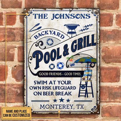 Personalized Pool Grilling Backyard At Your Own Risk Vertical Custom Classic Metal Signs