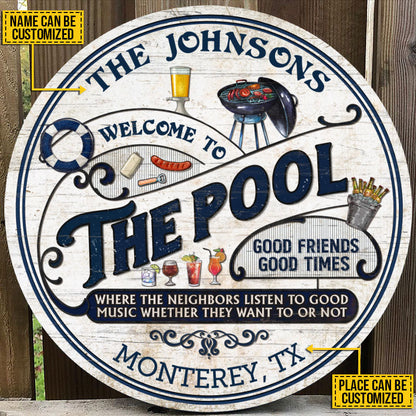 Personalized Pool Grilling Blue Listen To The Good Music Custom Wood Circle Sign