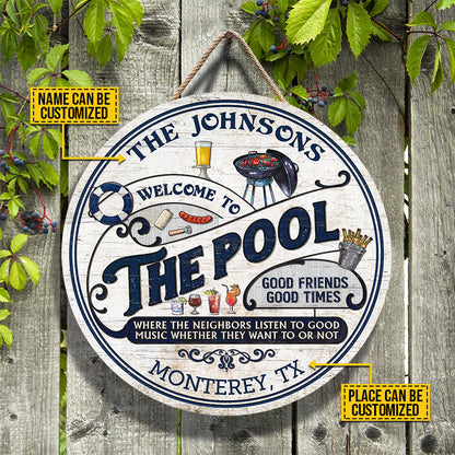 Personalized Pool Grilling Blue Listen To The Good Music Custom Wood Circle Sign