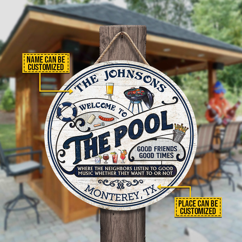 Personalized Pool Grilling Blue Listen To The Good Music Custom Wood Circle Sign