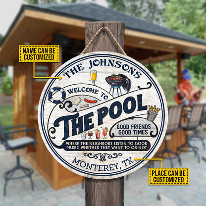 Personalized Pool Grilling Blue Listen To The Good Music Custom Wood Circle Sign