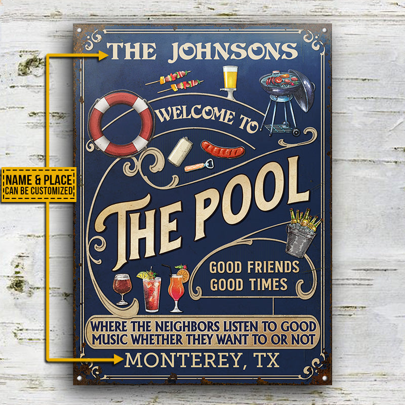 Personalized Pool Grilling Blue Listen To The Good Music Full Vertical Custom Classic Metal Signs
