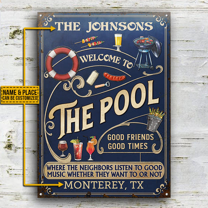 Personalized Pool Grilling Blue Listen To The Good Music Full Vertical Custom Classic Metal Signs