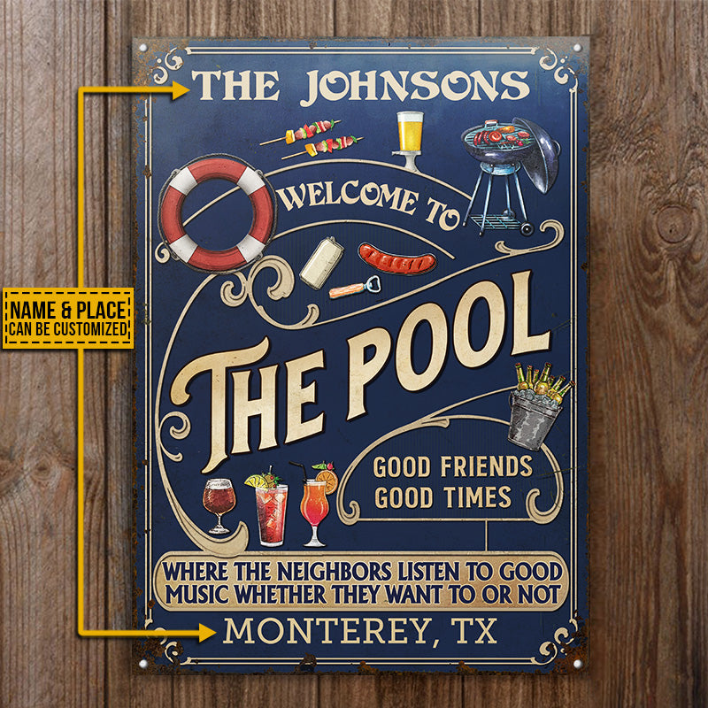 Personalized Pool Grilling Blue Listen To The Good Music Full Vertical Custom Classic Metal Signs