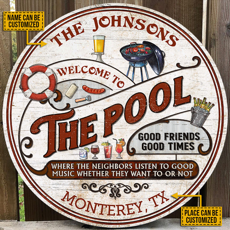 Personalized Pool Grilling Red Listen To The Good Music Custom Wood Circle Sign
