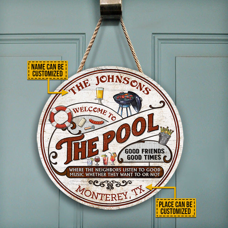 Personalized Pool Grilling Red Listen To The Good Music Custom Wood Circle Sign