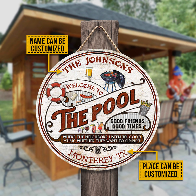Personalized Pool Grilling Red Listen To The Good Music Custom Wood Circle Sign