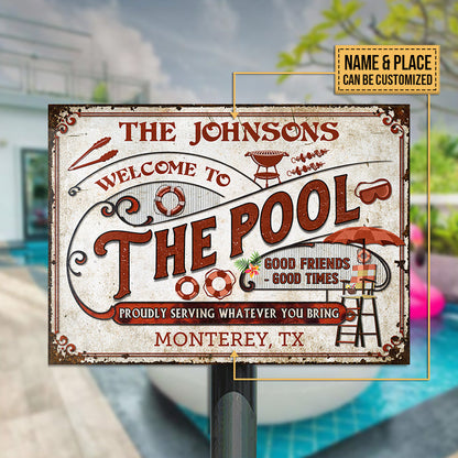 Personalized Pool Grilling Welcome To The Pool Red Custom Classic Metal Signs