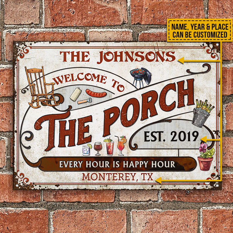 Personalized Porch Grilling Red Happy Hour Custom Classic Metal Signs