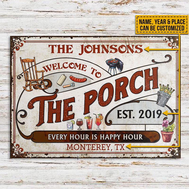 Personalized Porch Grilling Red Happy Hour Custom Classic Metal Signs