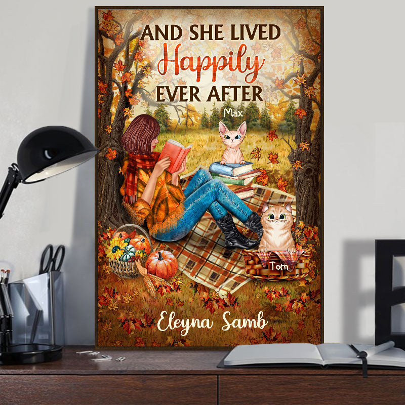 Personalized Reading Cats Girl And She Lived Happily Ever After Custom Poster