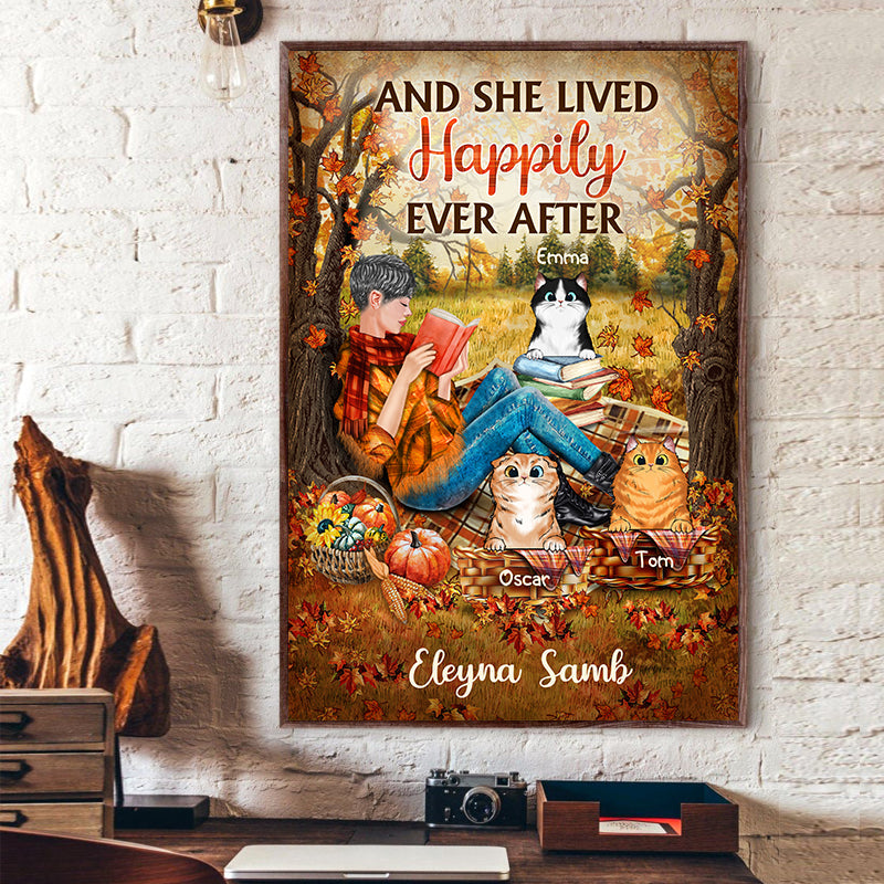 Personalized Reading Cats Girl And She Lived Happily Ever After Custom Poster