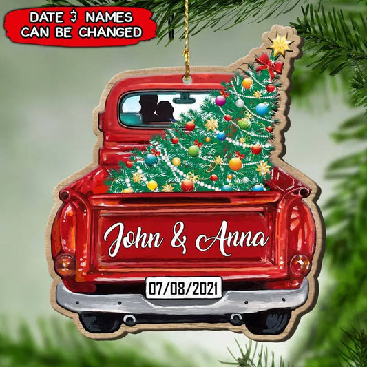 Personalized Red truck with Christmas Tree Couple Custom Names and Date Wooden Ornament ornament The Next Custom Gift